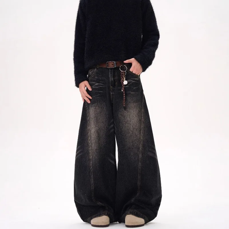 Unisex American Vintage Washed Denim Jeans Loose Curved Wide‑Leg Couple Casual Streetwear Trousers Mens Jeans