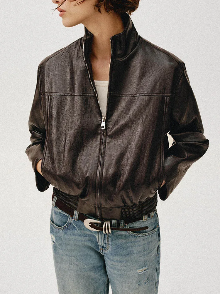 Spring New Arrival Women's Long Sleeve Faux Leather Short Pilot Jacket Casual Style Standard Fit Outerwear for Ladies