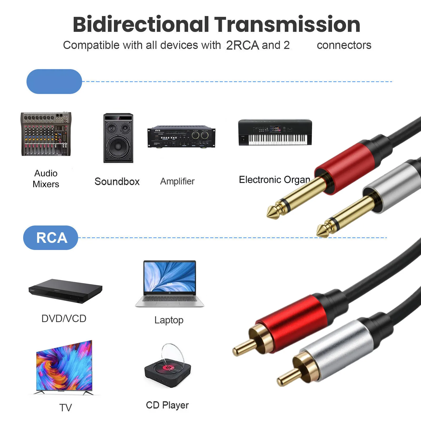 Dual 1/4 inch TS to Dual RCA Stereo Audio Interconnect Cable Gold Plated Copper Shell Heavy Duty 2X 6.35mm Male TS to 2 RCA Male