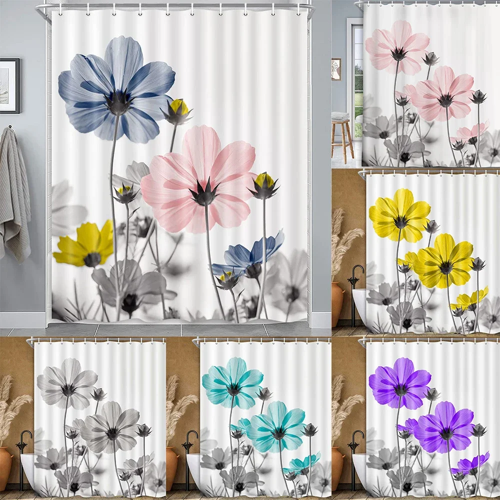 Ink Painting Flower Decoration Bathroom Curtain Elegant Daisy Shower Curtain Polyester Waterproof Decoration Curtain Hooks