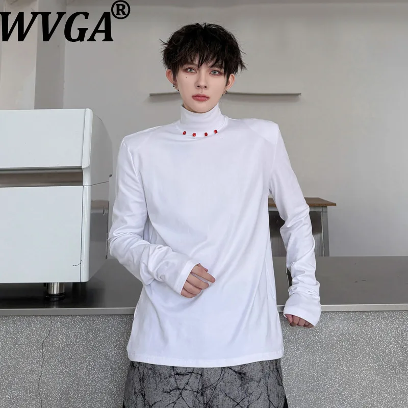 WVGA 2026 Spring Autumn New Men's High Collar Diamond Decorated Long Sleeve T-Shirt Niche Chic Casual Two Colors Tops Ins W27070