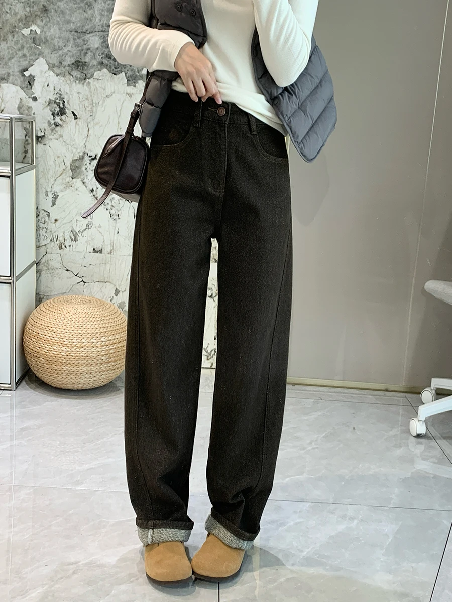 

Thiened Fce женские повседневные прямые джинсы с высокой талией, теплые удобные эластичные широкие брюки для похудения