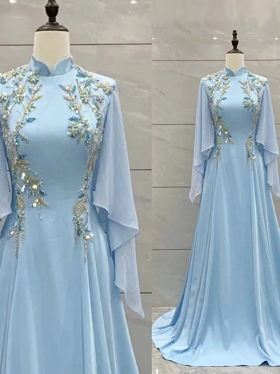 

Синее вечернее платье с водными узорами для выступлений на гучжэне, традиционный этнический вокальный костюм, длинная юбка