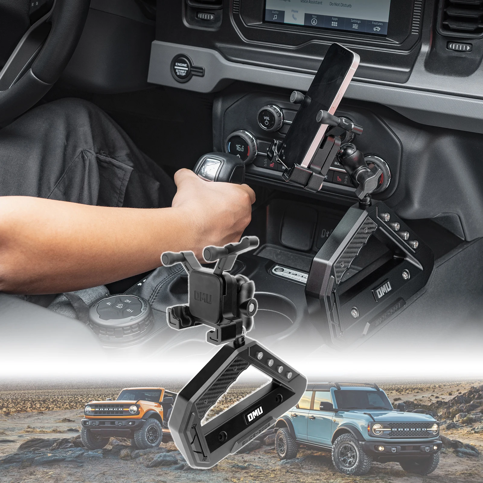 

OMU 4x4 Aluminium Center Console Grab Handle Armrest with Cell Phone Holder Adjustable Anti-Shake For Ford Bronco 2021-2025