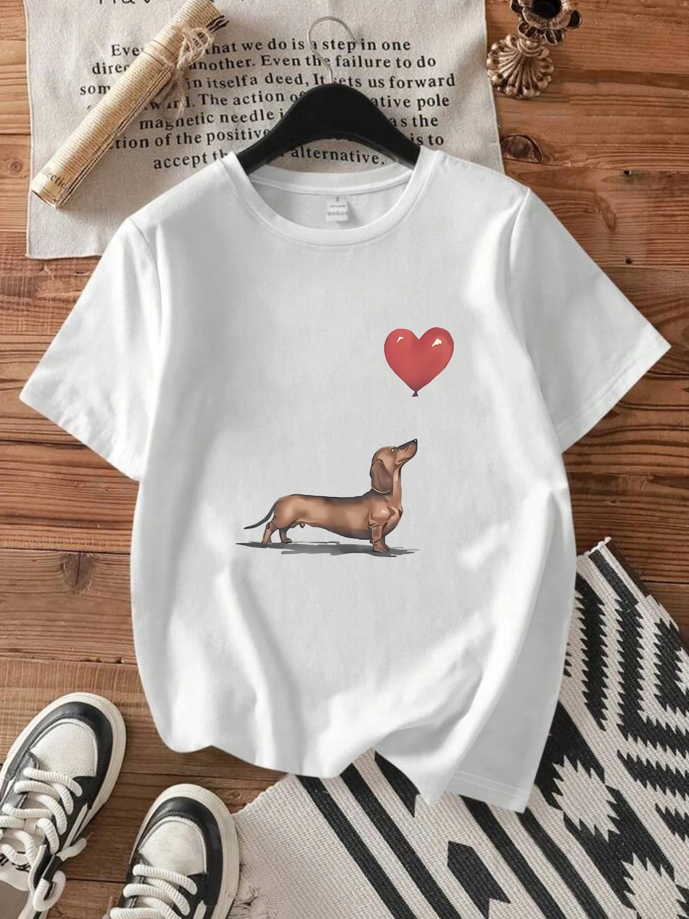 

Dog balloon heart Plus size women's round neck short sleeve T-shirt with elastic half sleeves and trendy prints