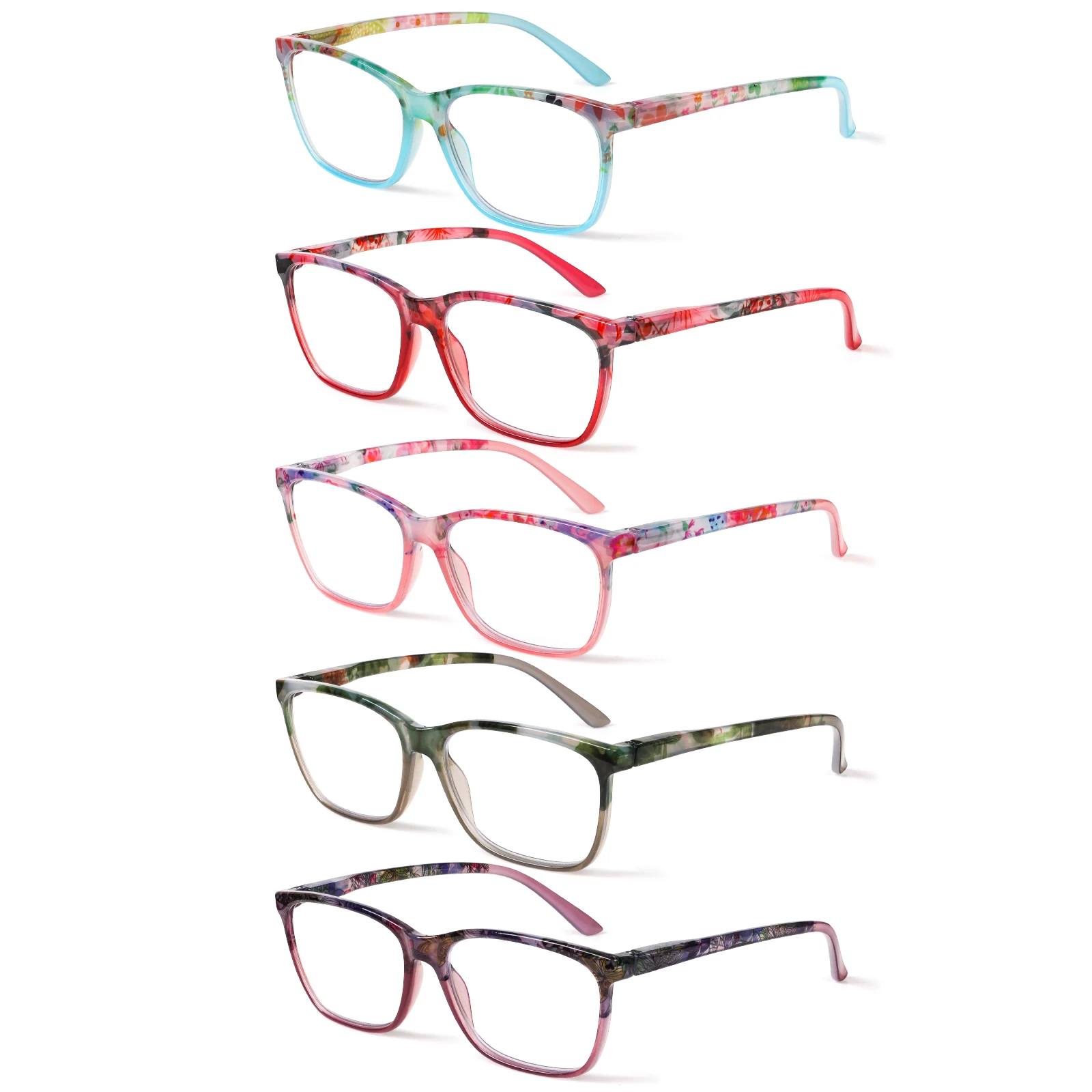 5 Pack Reading Glasses Blue Light Blocking Spring Hinge Floral Square Frame Women Presbyopia Glasses Lightweight Comfort Readers
