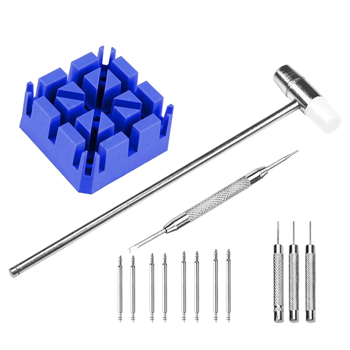 14Pcs Watch Repair and Removal Kit Band Link Remover Hammer Punch Pins Watch Strap Holder Strap Spring Lever Tool Kit