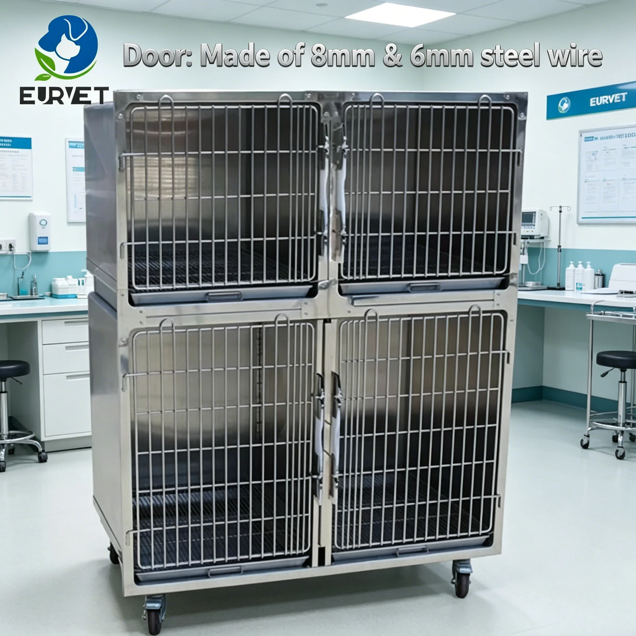 EURVET Wire Door Double Tier Pet Cage For Animal Hospital