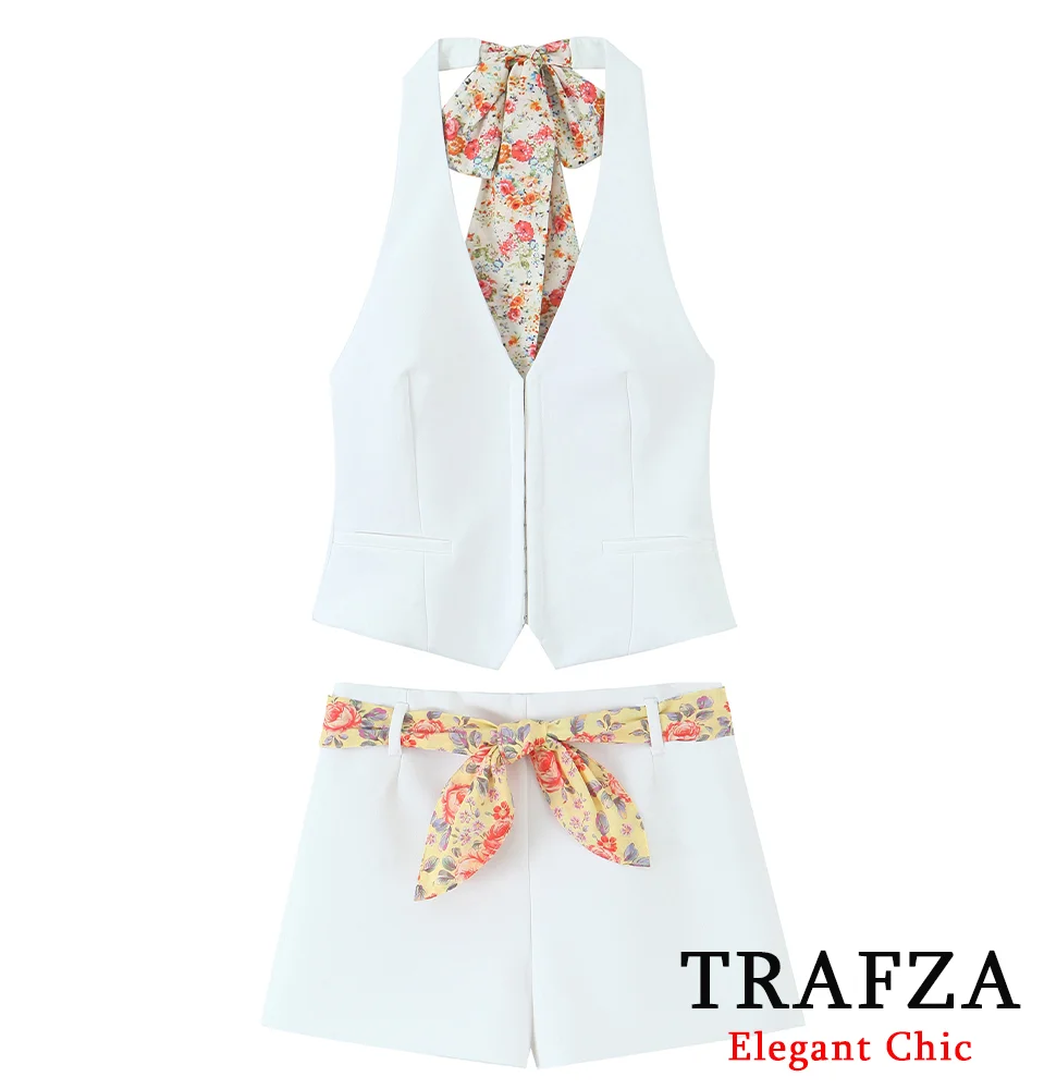 

TRAFZA Women Chic Sexy Short Set Thin Printed Halter Top High Waist Mini Shorts 2025 New Summer Fashion Elegant Sweet White Set