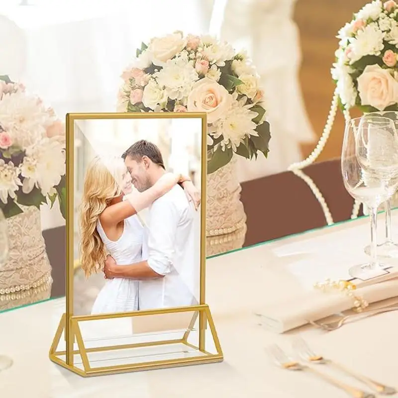 Transparent Acrylic Display Stand Double Sided Gold Frame Multipurpose Wedding Table Number Menu Card Rack