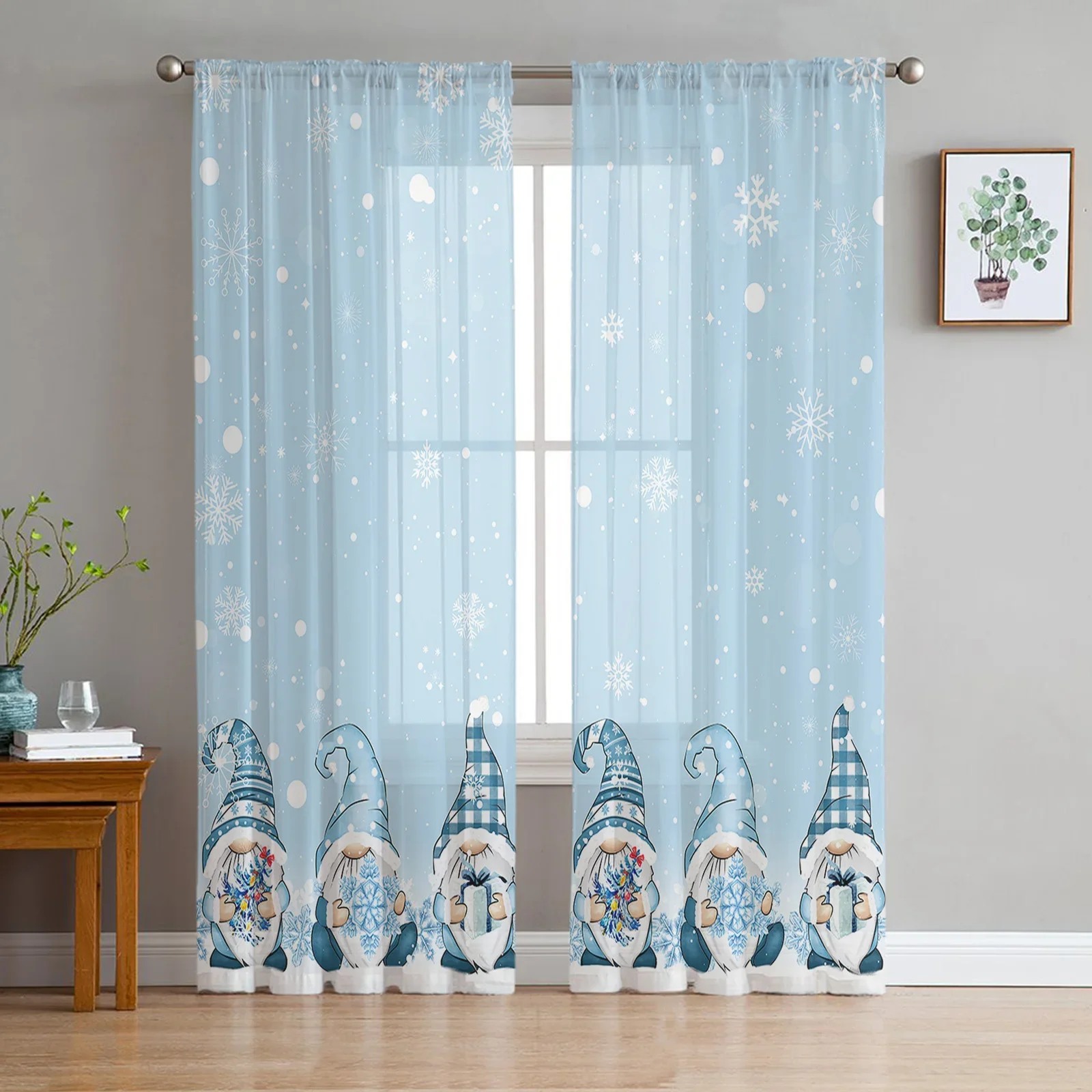 Christmas Blue Snowflake Gnome Sheer Curtains for Bedroom Living Room Decoration Window Curtain Kitchen Tulle Voile Drapes