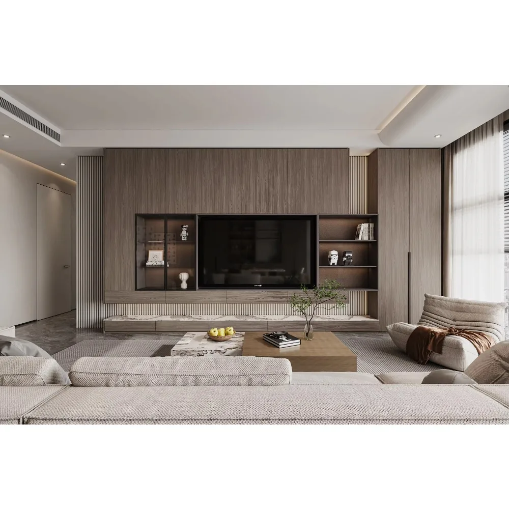 Modern Design Bespoke TV Wall Cabinet Natural Wood Veneer Sintered Stone Base Glass Display Soft Close Adjustable Living Room