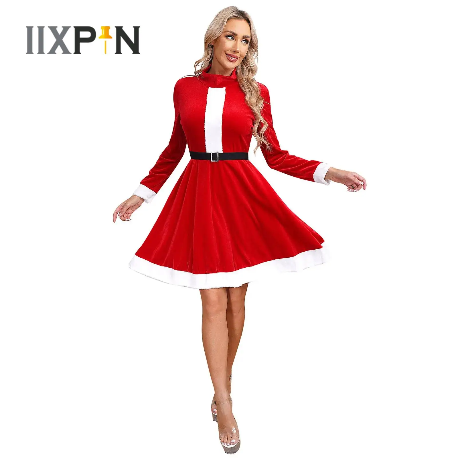 

Womens Red Velvet Dress Christmas Holiday Cosplay Santa Claus Costume Flannel Trimming Zipper High Neck Long Sleeve Dresses+Belt