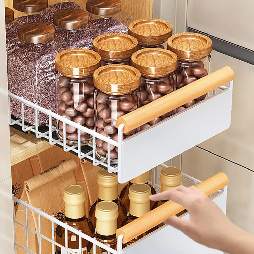 Bowl Dish Storage Rack with Adhesive Rail Pull Out Sliding Drawer Cabinet Organizer Detachable Drainage Slide Out Pantry Shelves