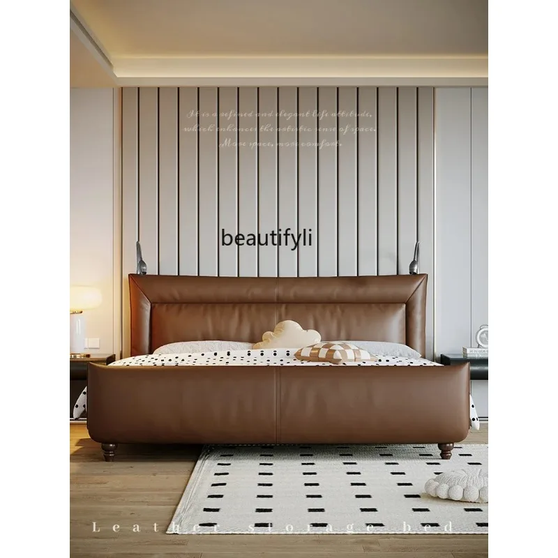 K132 Retro Leather Bed Italian Minimalist Double Master Bedroom Marriage Bed High Box Storage Bed Multi-Functional