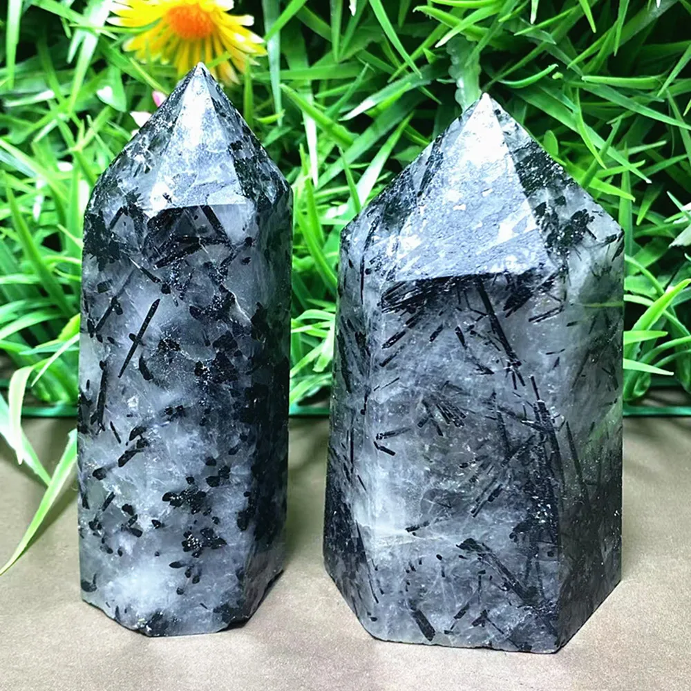 

Natural quartz crystal black hair crystal, hand-polished magic wand point healing chakra, home decoration ornament