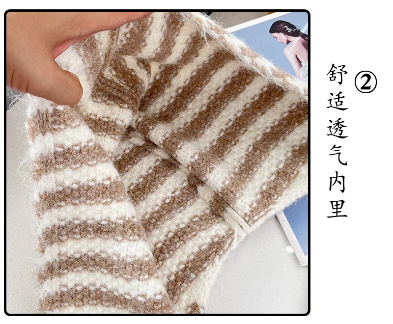 Koreanische handgefertigte gestreifte Strickmütze für Damen, warme Outdoor-Bombermütze mit Ohrenschutz für Herbst und Winter – Detail 11