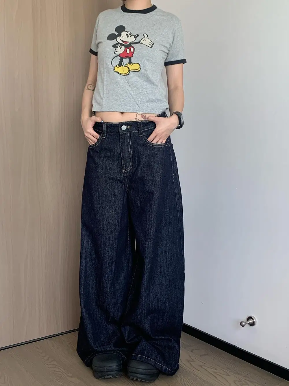 

Винтажные джинсы Oiiokk из денима с широкими штанинами, свободного кроя, удлиненные, оригинального цвета, с эффектом похудения, джинсы в пол с высокой талией