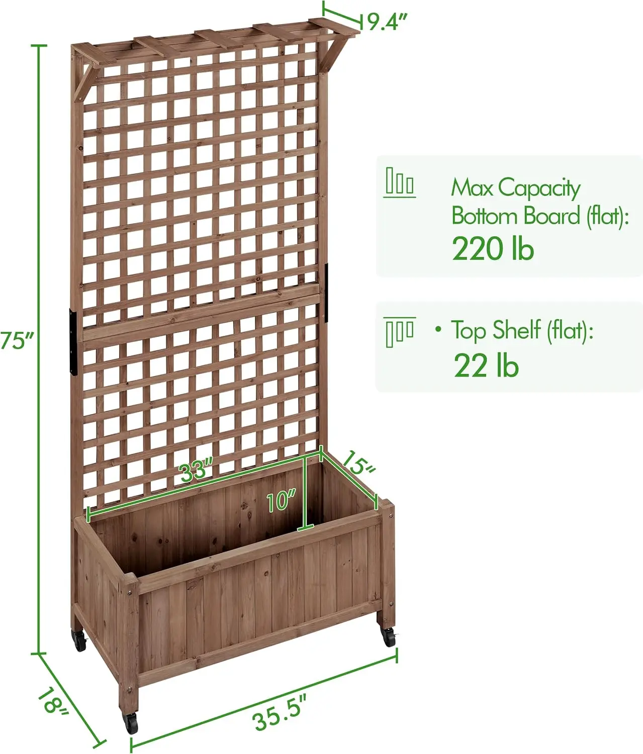Outdoor Use, Dark Brown, Horticulture Garden Planter with Trellis, Drainage Holes, 72\