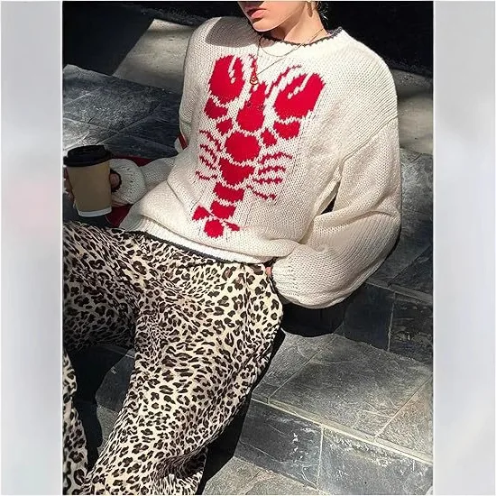 Sweter Pullover Atasan Rajut Gambar Hewan Wanita 2025 Pakaian Rajut Jumper Rajutan Wanita Kantor Kasual Kerah Bulat Musim Gugur Musim Dingin