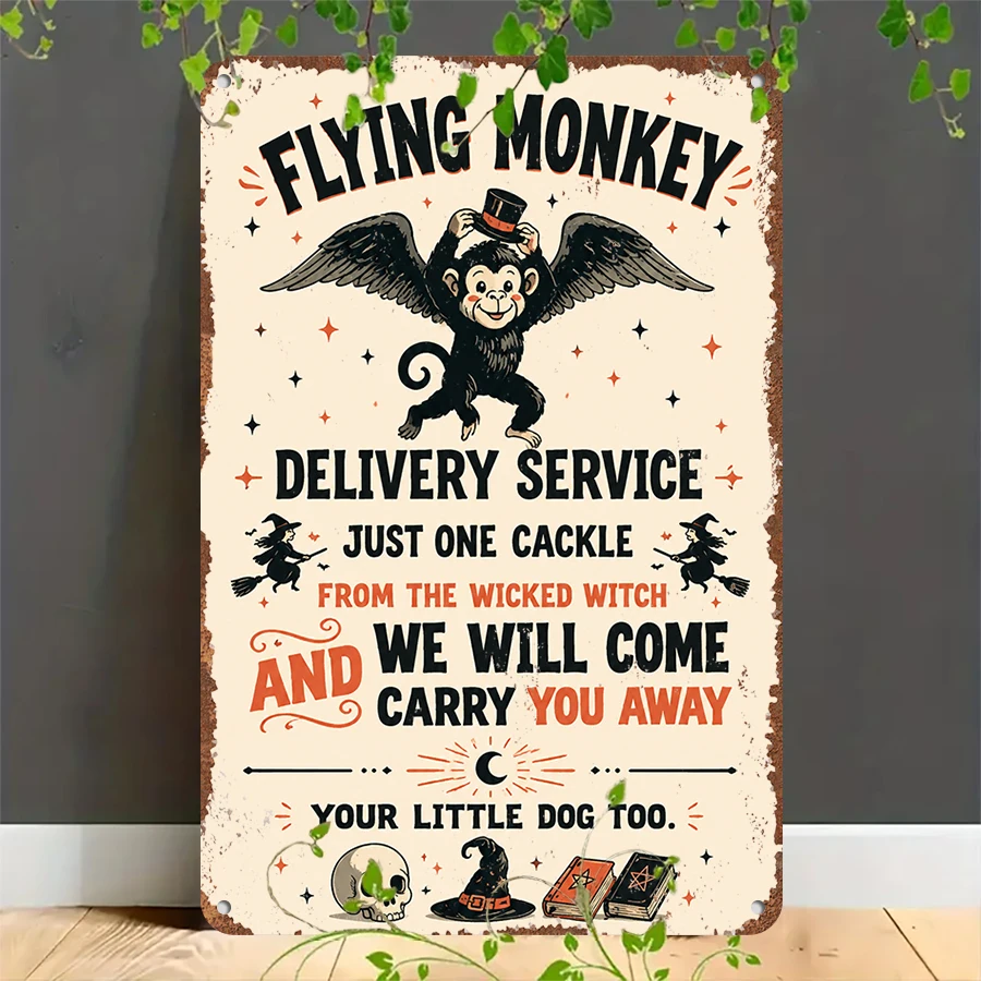 2D flat retro metal tin plate,  Flying Monkey Delivery Service Halloween Tin Sign, Suitable for home, garage, café, bar and garden decoration