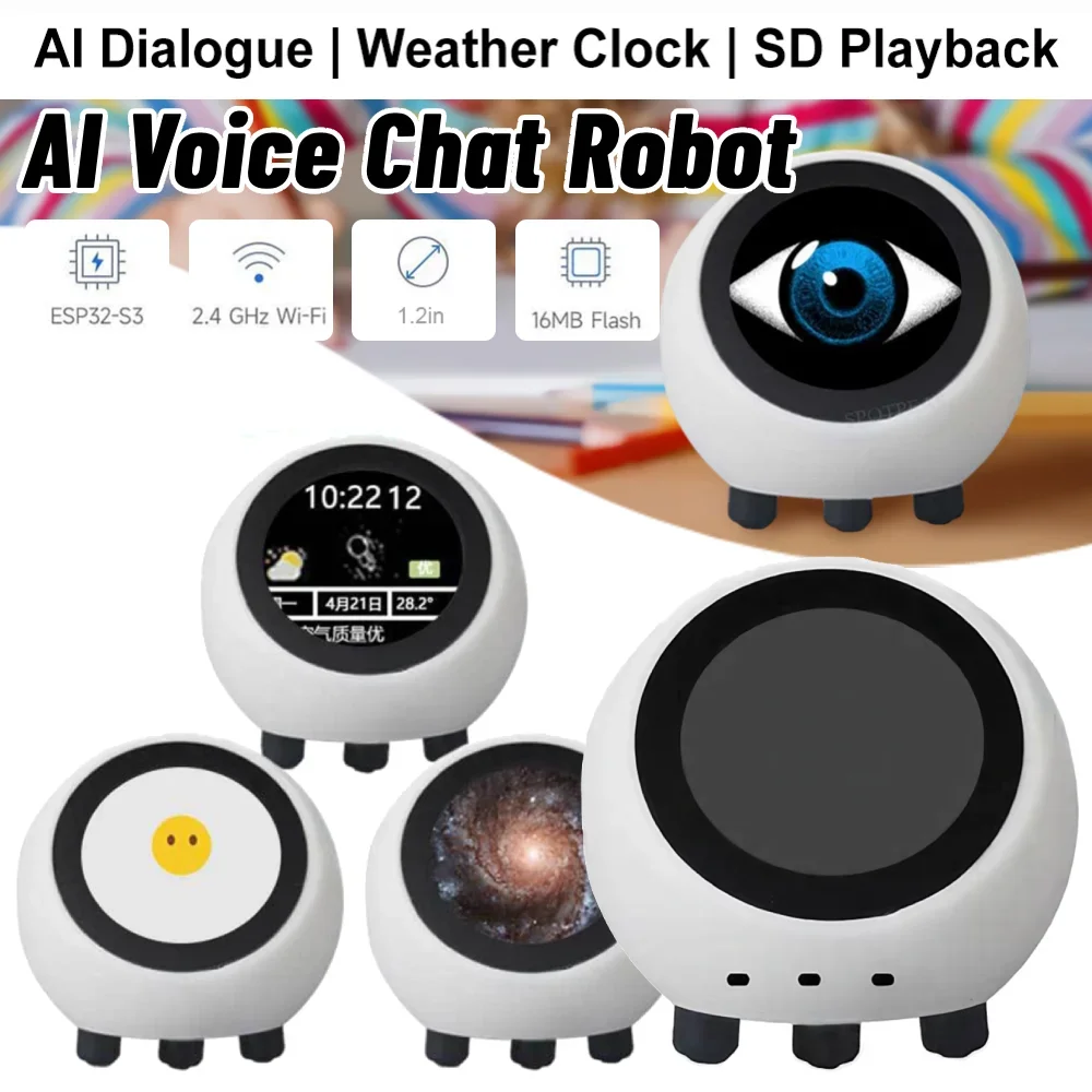 روبوت ذكي صوتي تفاعلي 1.28 بوصة شاشة LCD روبوت صغير واي فاي ساعة الطقس توقيت عالمي للطقس المحلي DeepSeek مساعد روبوت