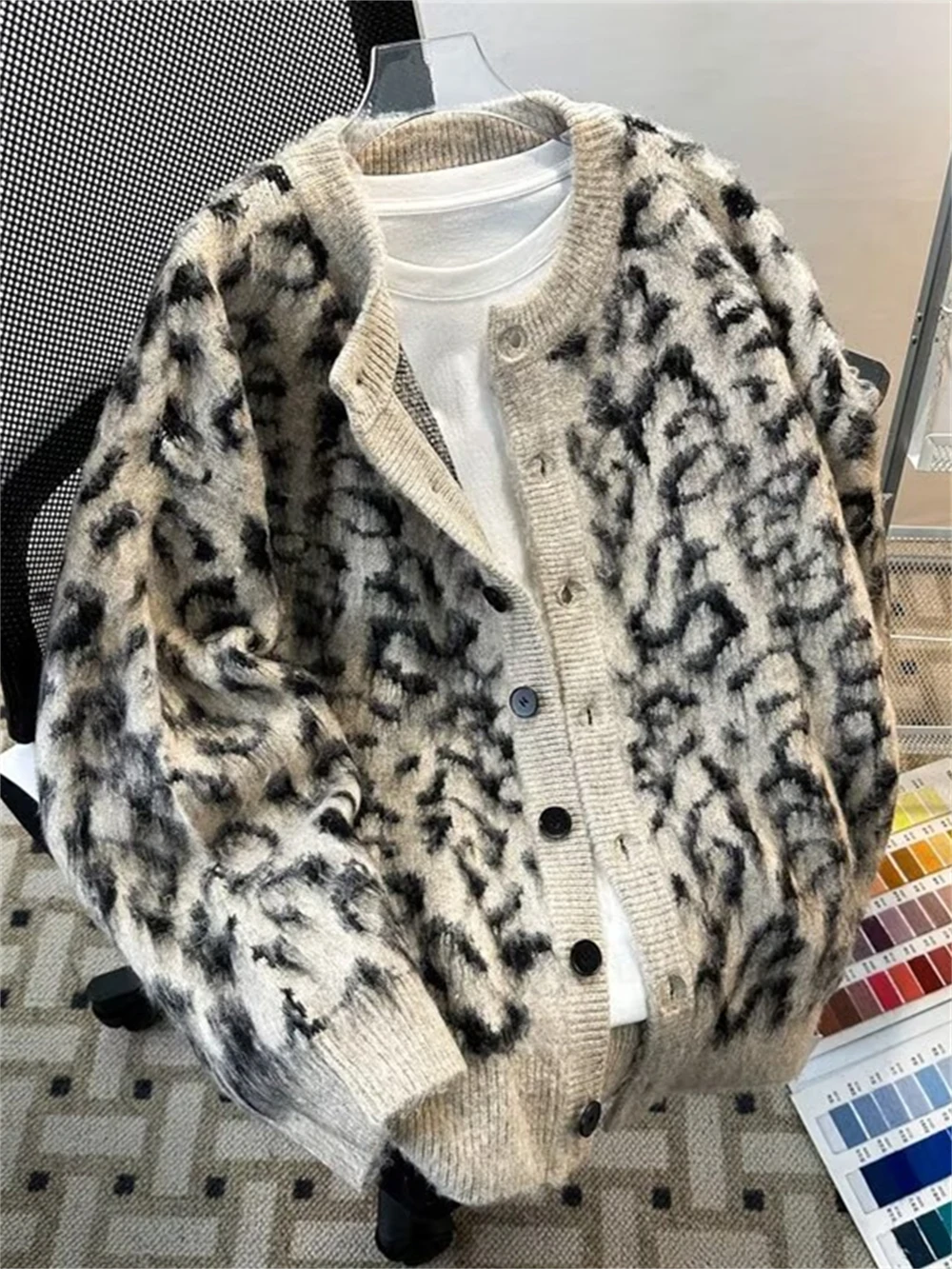 

Lushun Leopard Print Open Cardigan Sweater Men Women Autumn Winter Fake Mink Outerwear Loose Trendy American Cleanfit Knitwear
