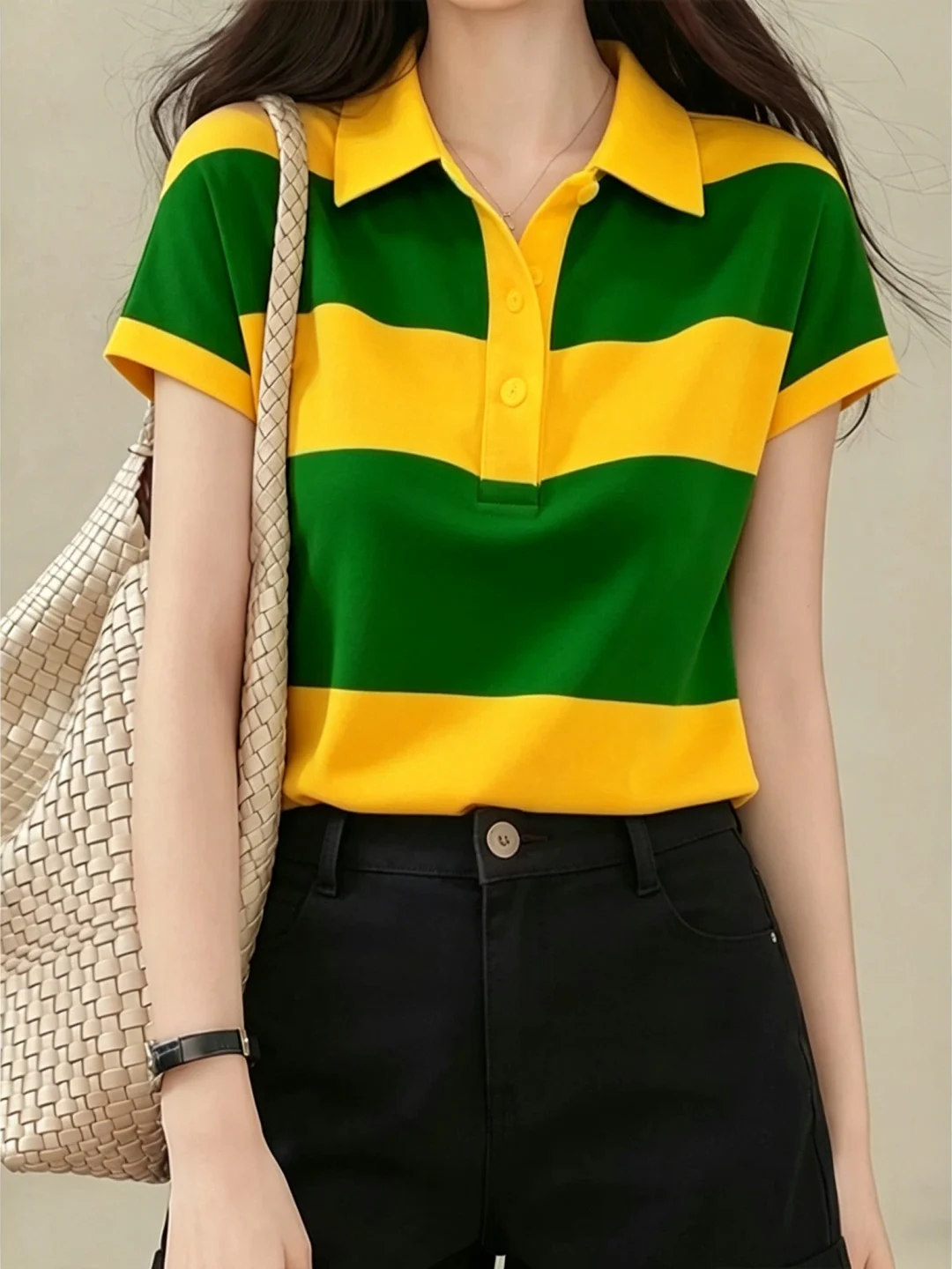 

Loose Fit Short Sleeve Knitted T-Shirt Women's Vintage Color Block Summer Top Breathable Comfortable Korean Style Casual Tee