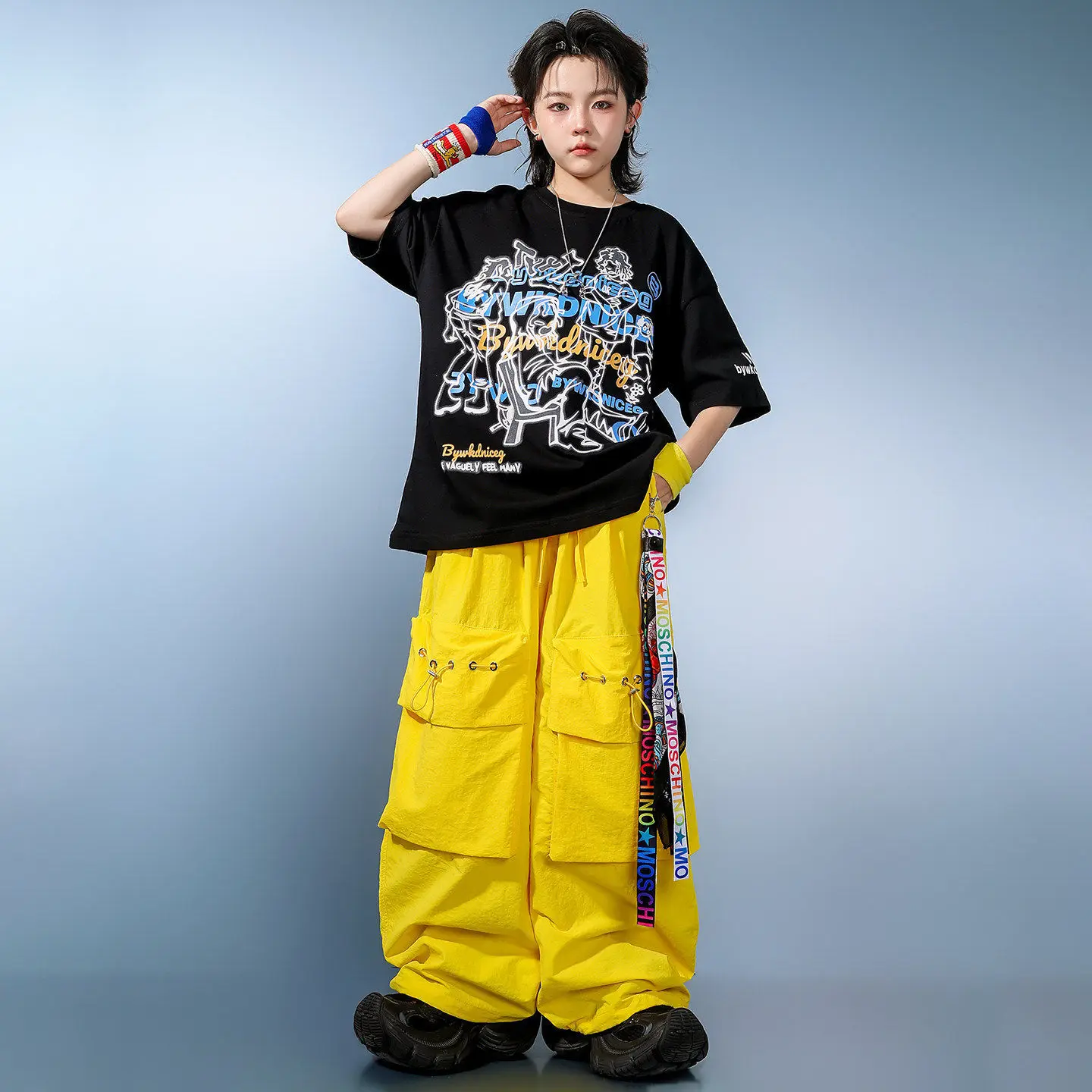 Kid Kpop Hip Hop Clothing Black Letters Print T Shirt Yellow Casual Wide Cargo Pants for Girl Boy Street Dance Costumes Clothes