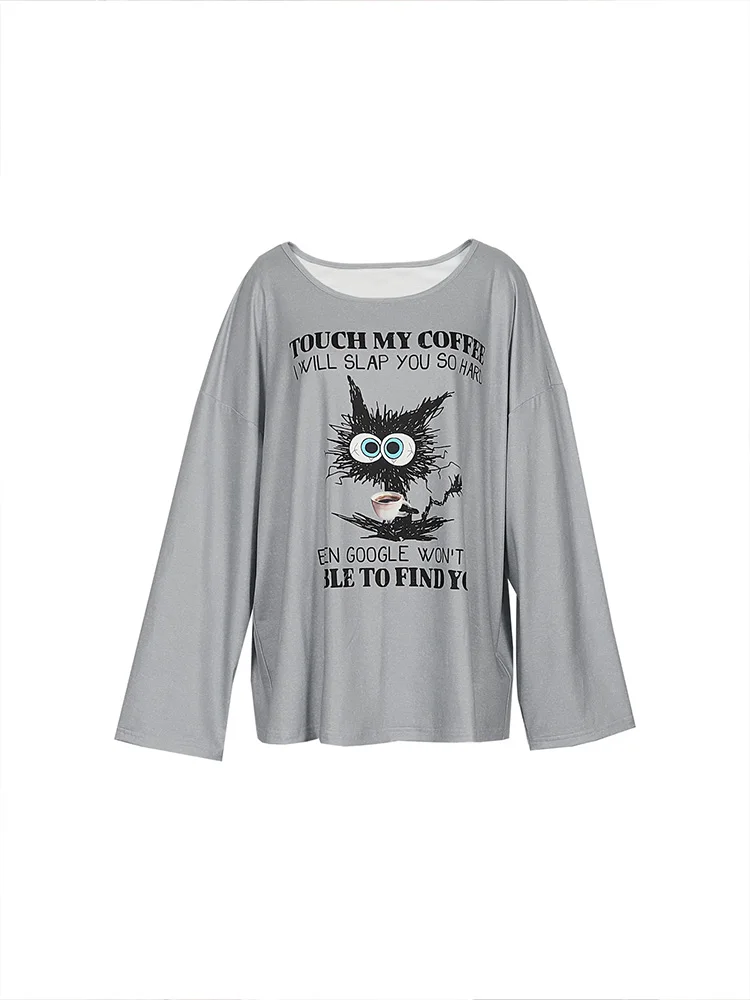 Plus Size Women's Cartoon Cat Funny Monogram Long Sleeve Round Neck Shirt Autumn Best Choice Fashion Round Neck