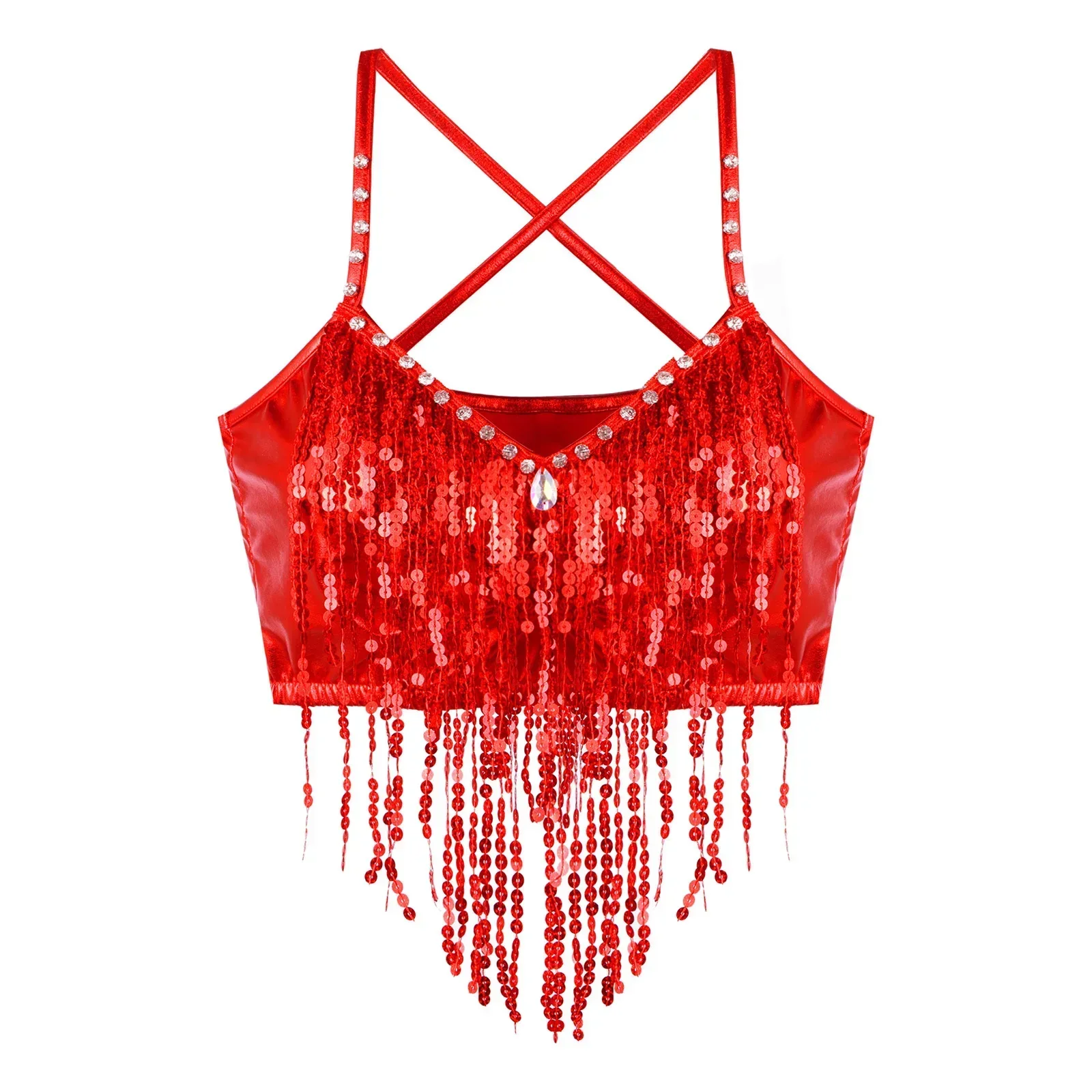 เสื้อกั๊กปักเลื่อมแวววาวของผู้หญิงเสื้อครอปแต่งขอบเสื้อสายเดี่ยวแขนกุดคอวีประดับพลอยเทียมสำหรับการแสดงบนเวที