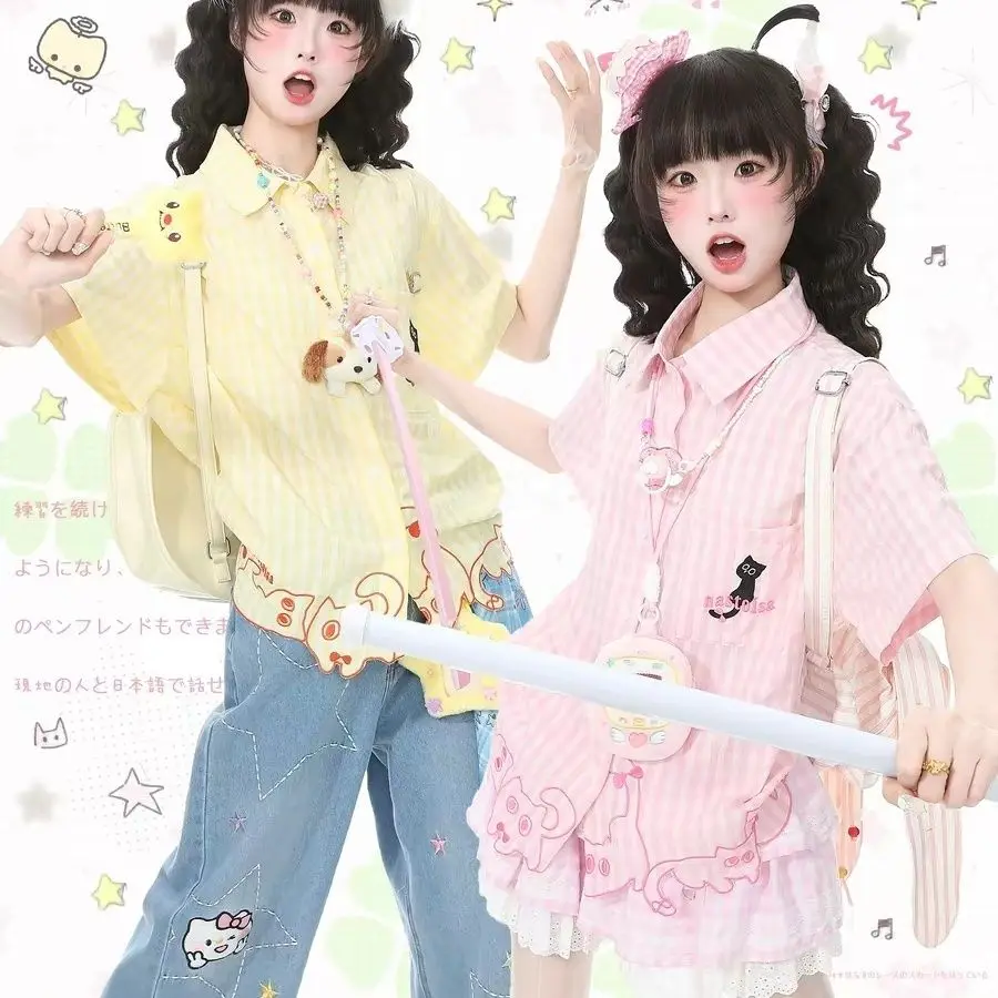 Chic Funny Cute Cat Embroidery Pink Striped Button Down Shirt - Short Sleeve Casual Summer Top Daily Sweet Preppy Style Japanese view 3