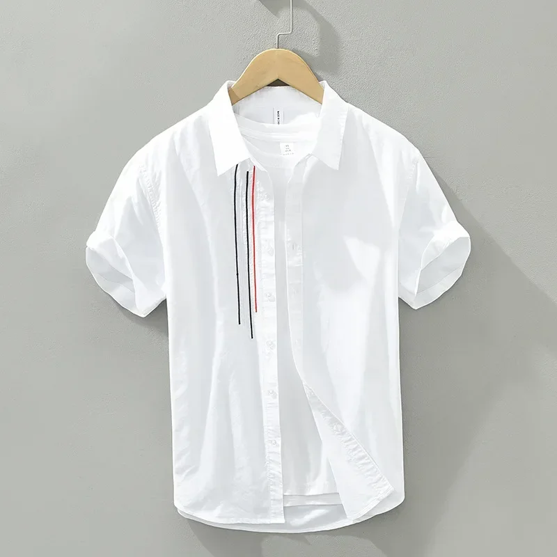 White Short Sleeve Shirt for Men Pure Cotton Turn-down Collar Casual Shirts Summer New Male Fashion Clothing