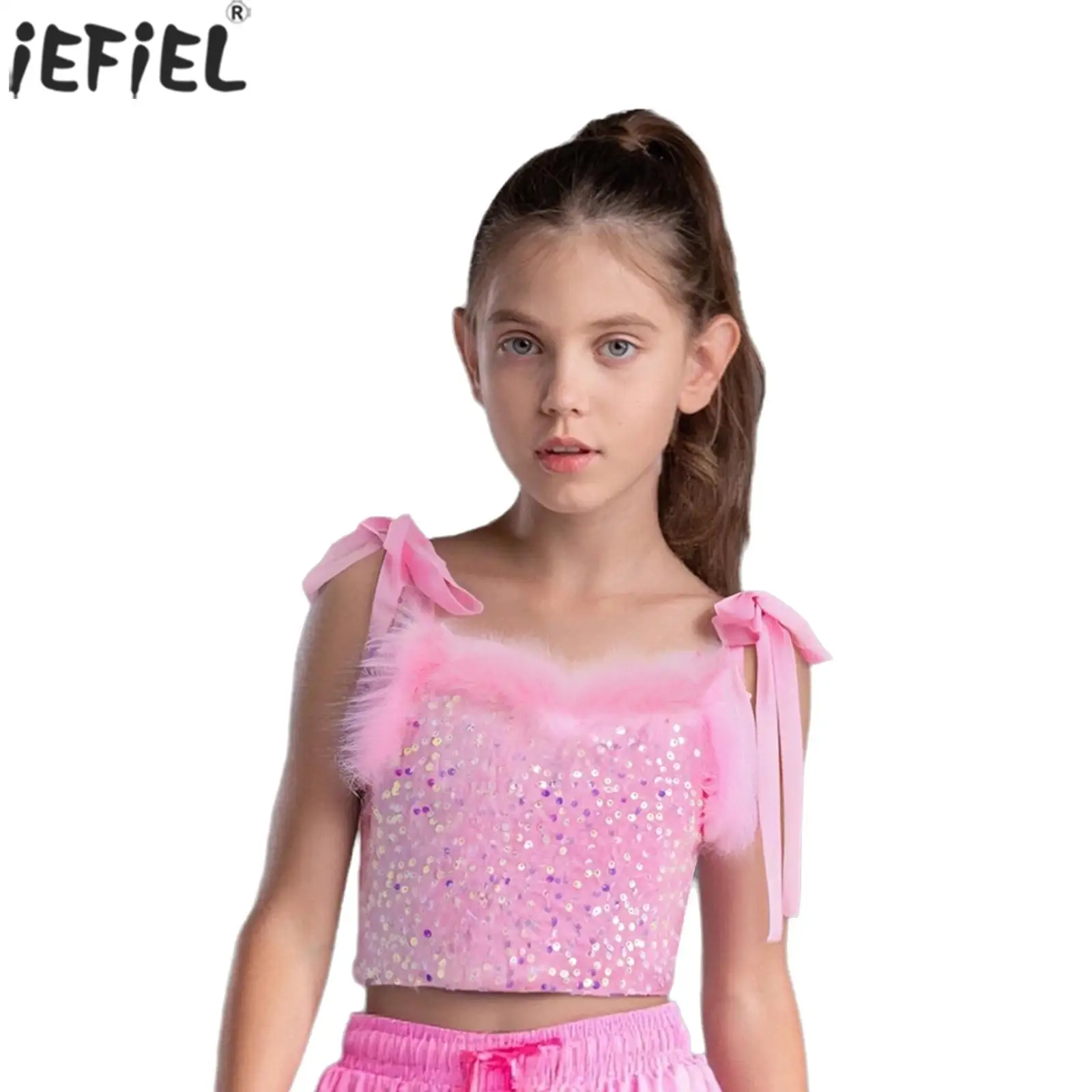 Girls Hip-Hop Jazz Dance Camisole Lace-up Straps Feather Trim Glittery Sequins Crop Top for Pageant Birthday Party Performance