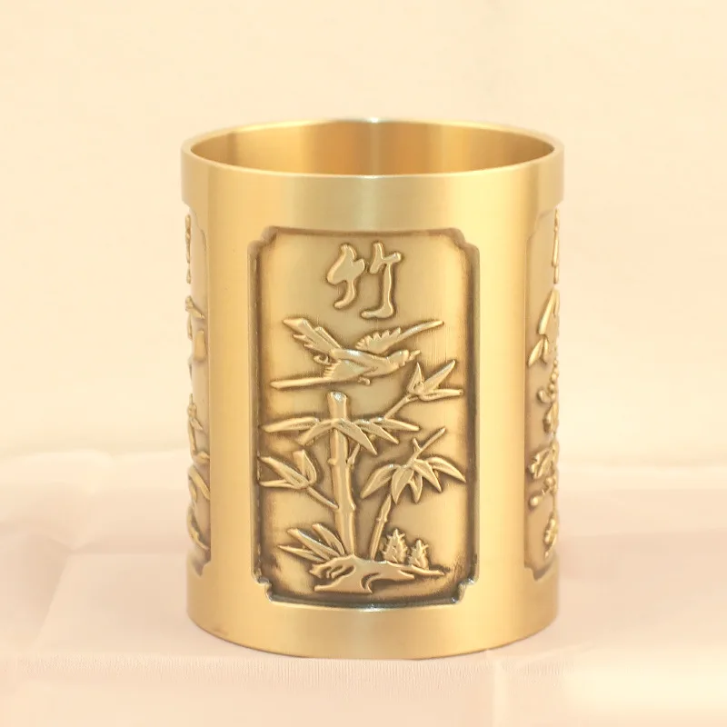 Pure Brass Craft Office Desktop Case Plum Blossoms Pen Holder DIY Cup Decorative Ornament Creative Souvenir Gift a0909