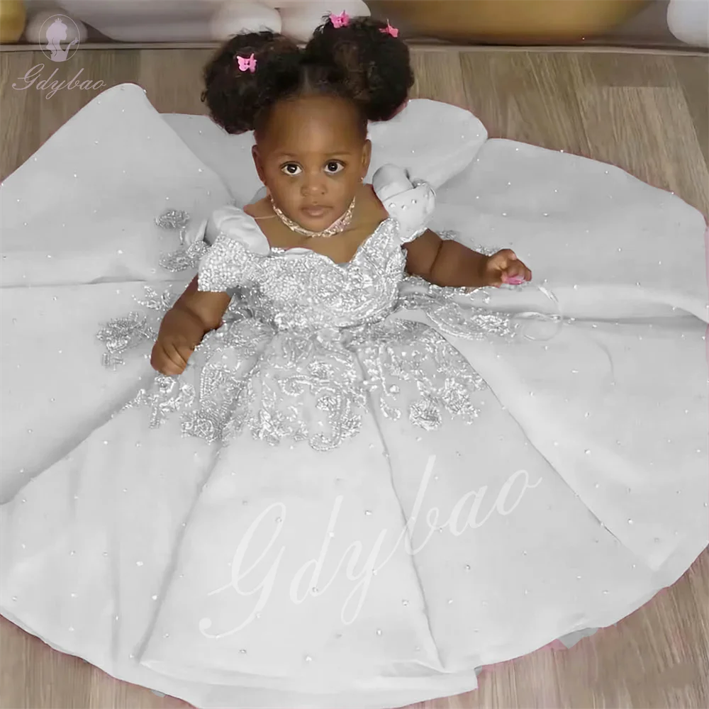 

Luxury White Children's Pageant Baptism Party Dress Puffy Short Sleeve With Appliqué Girl's First Communion Dress