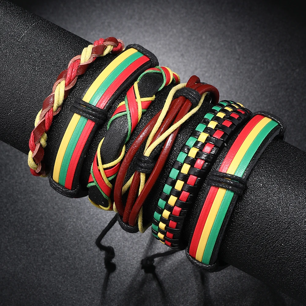 Red yellow green colored leather woven bracelet flag color jewelry