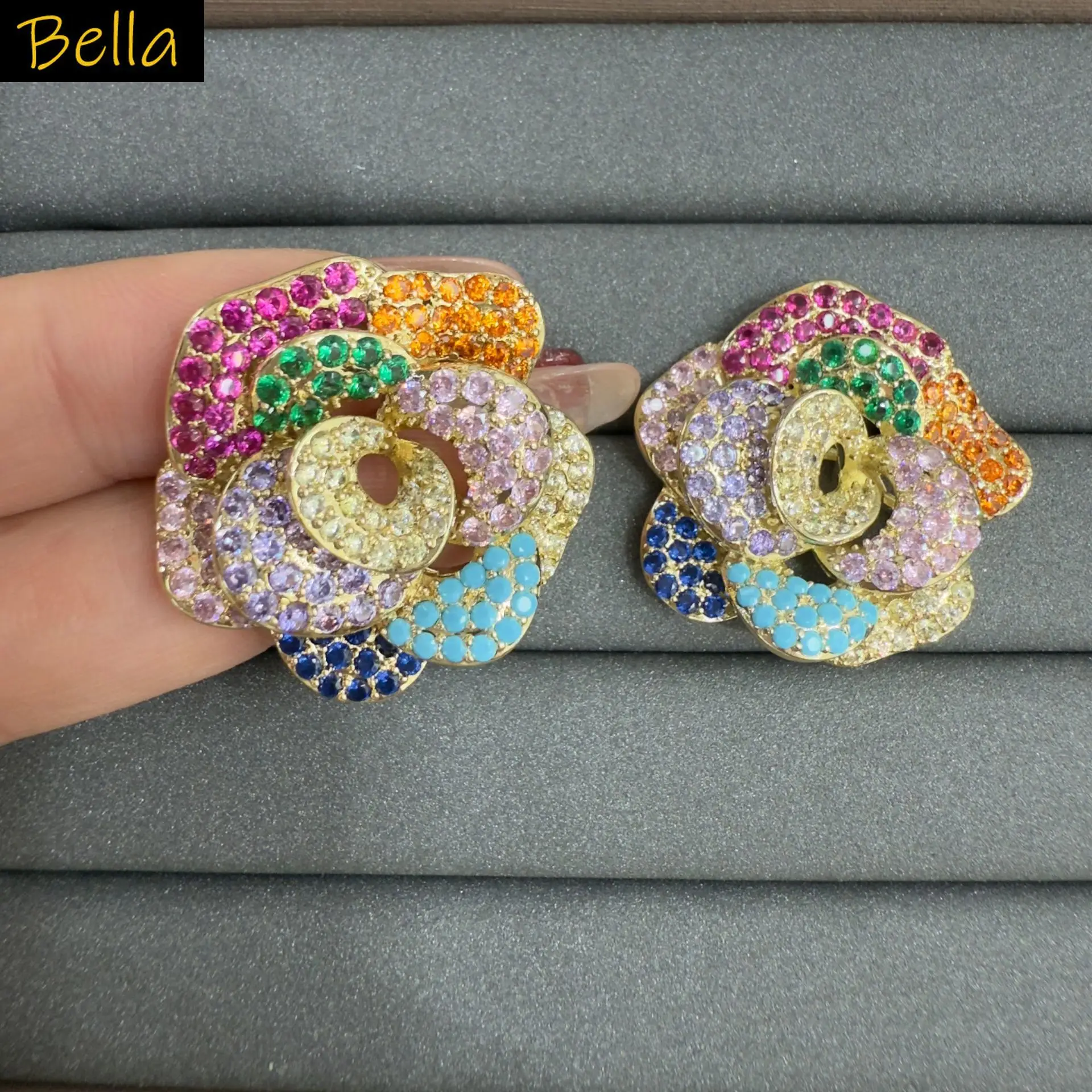 

rose earrings and ring for women jewelry shiny zircon multicolor white yellow blue flower stud earrings opening ring party gift