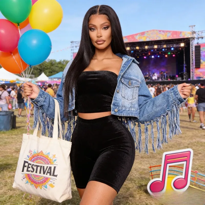 

Western Style with Back Mesh Panel and Distressed DetailsFringed Denim Jacket for Women