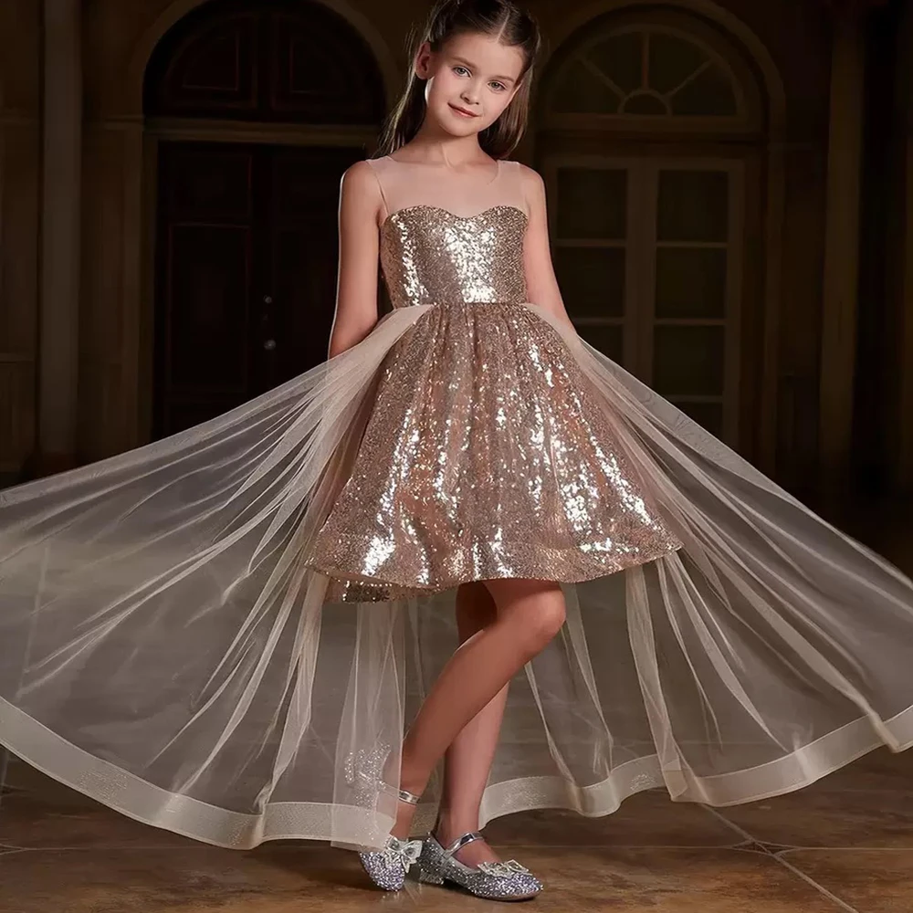 

Sequin Princess Dress For Baby Girl With Mesh Skirt Hem Sleeveless Evening Birthday Performance Costume Party Children Clothes
