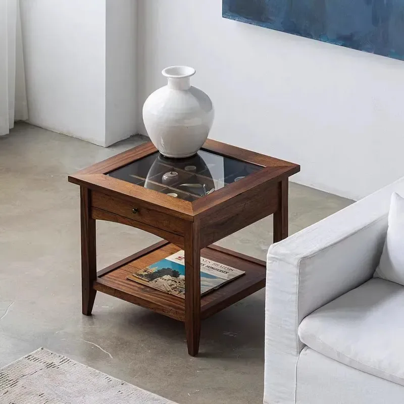 New Chinese Style Solid Wood Glass Side Table Storage Rack Durable Pine Living Room Entrance Console for Apartment