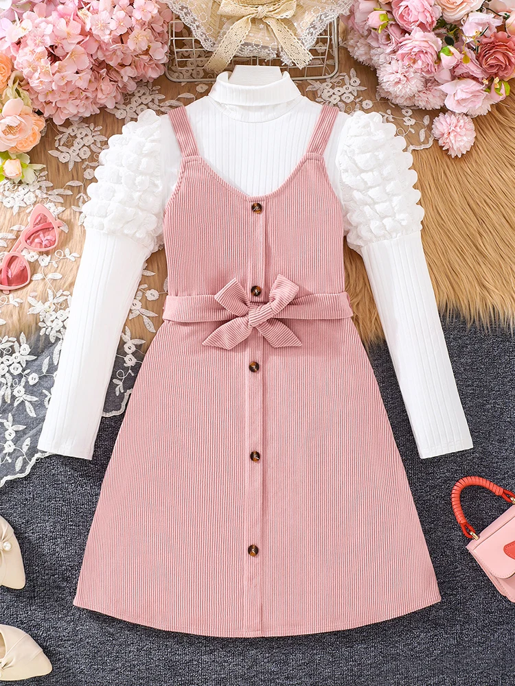 Herbst und Winter Damen Kleid mit hohem Kragen, Laterne, langen Ärmeln und Schultergurt, verstellbare Taille, zweiteiliges Set