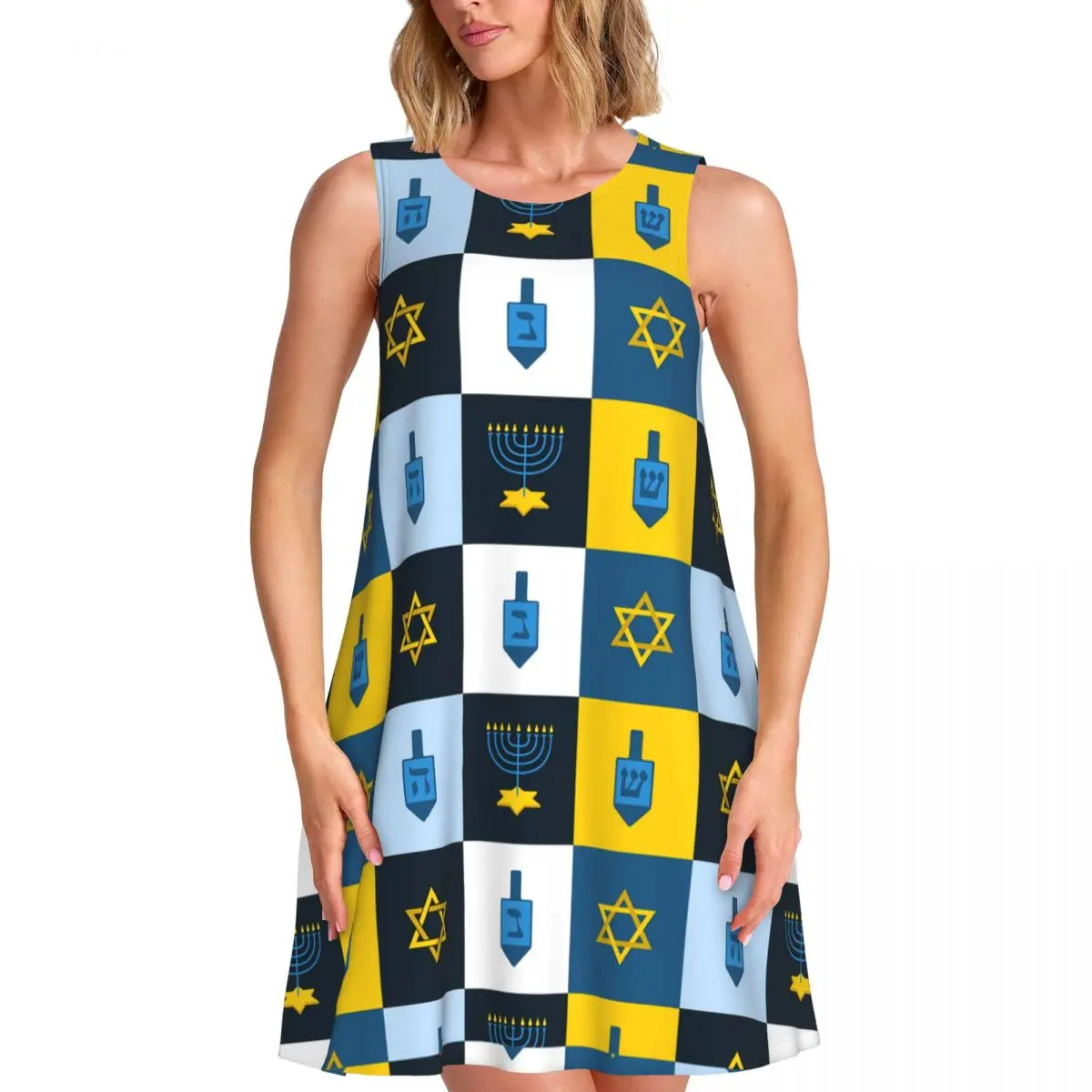 Colorblock Tank Dress Check Print Sleeveless Modern Dresses Female Crewneck Simple Dress Date Pattern Clothes Birthday Present