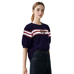 New Women T Shirt Short Sleeved Kintted Tops Embroidered Letters Tees Tops O Neck Fashion Sofe Office Ladies Shirts