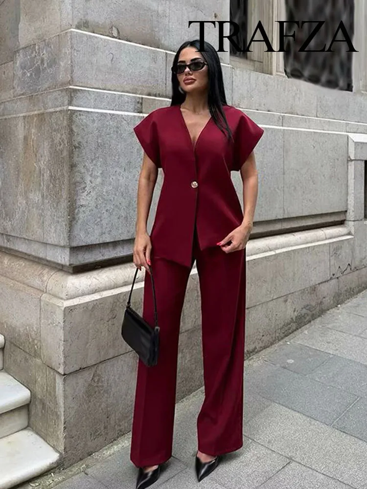 

TRAFZA Women Chic Solid V-Neck One Buckle Vest Waistcoat+High Waist Side Pocket Casual Zipper Wide-Leg Pants Commute Pants Suit