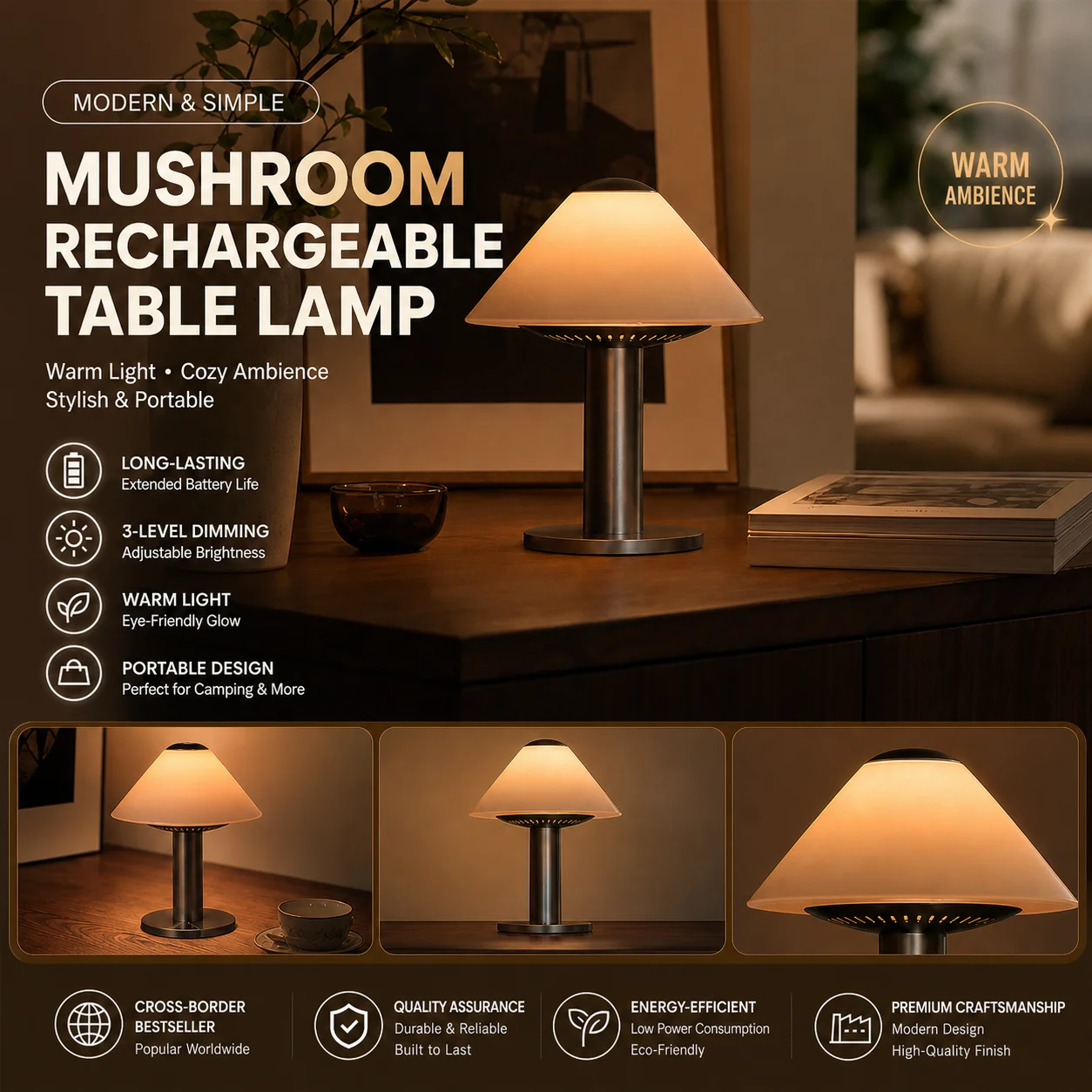 WWPPU Metal Mushroom Table Lamp 3 Level Dimming Touch Control Rechargeable Cordless Bedside Desk Light for Bar Bedroom
