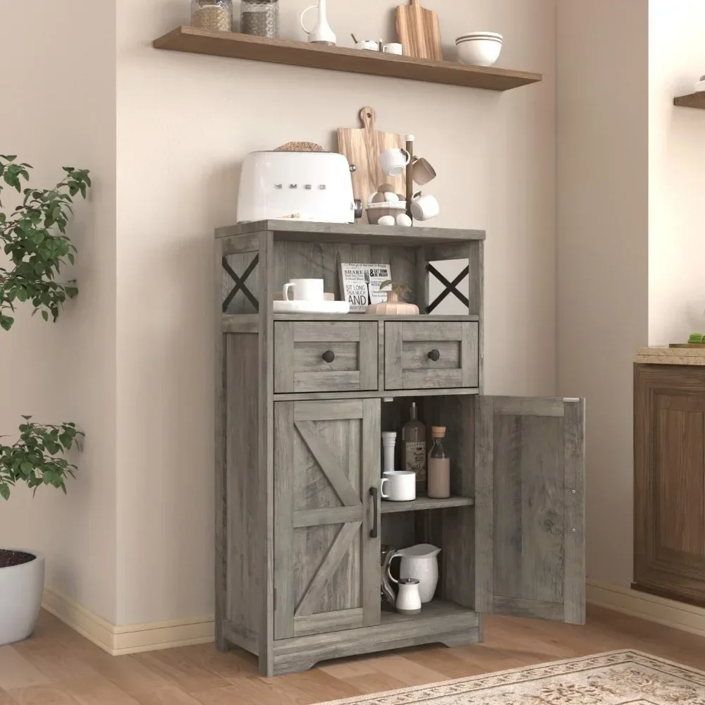 

%a Farmhouse Storage Cabinet with Drawers and Shelf, Freestanding Kitchen Pantry Storage Cabinet