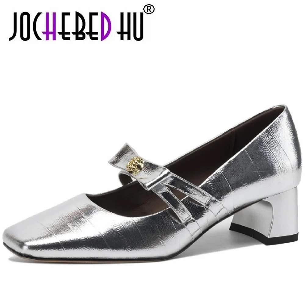 JOCHEBED HUHandmade Genuine Leather Soft Comfortable Mid Heels Season Square Head Single Beautiful 33-43