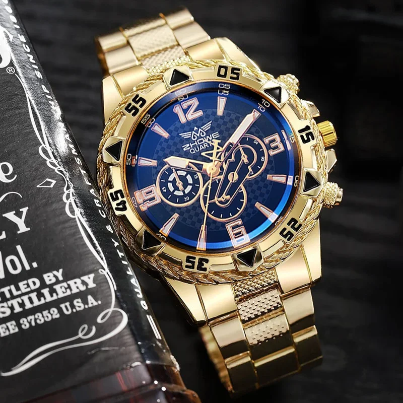 Large dial gold watch, blue light men's watch, men's watch, steel strap quartz watch