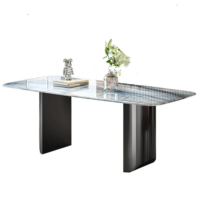 Italian light luxury natural supercrystalline stone dining table high-end stainless steel foot rectangular dining table